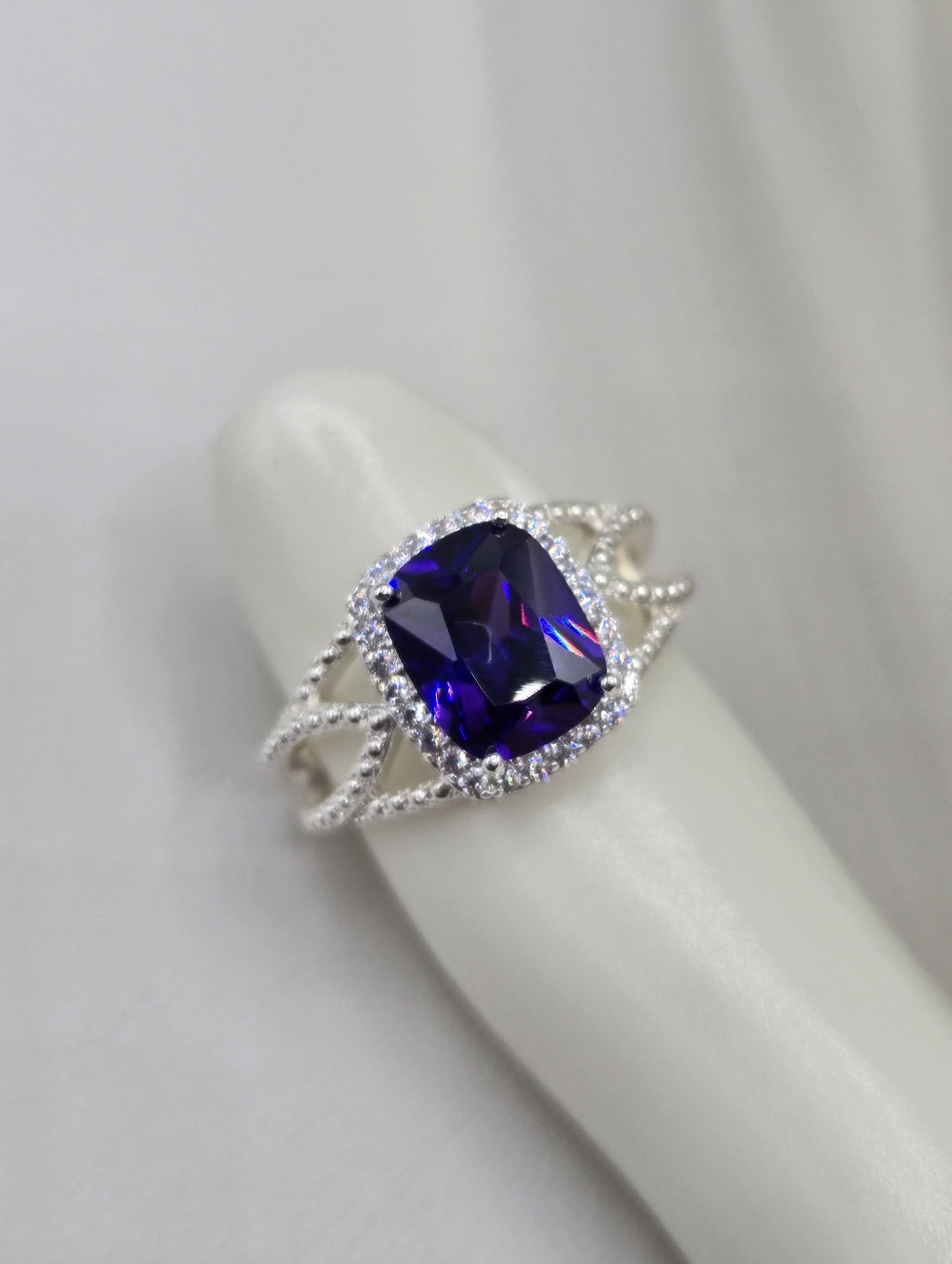 Swarovski Silver Ring with Deep Violet Cushion Crystal and Halo